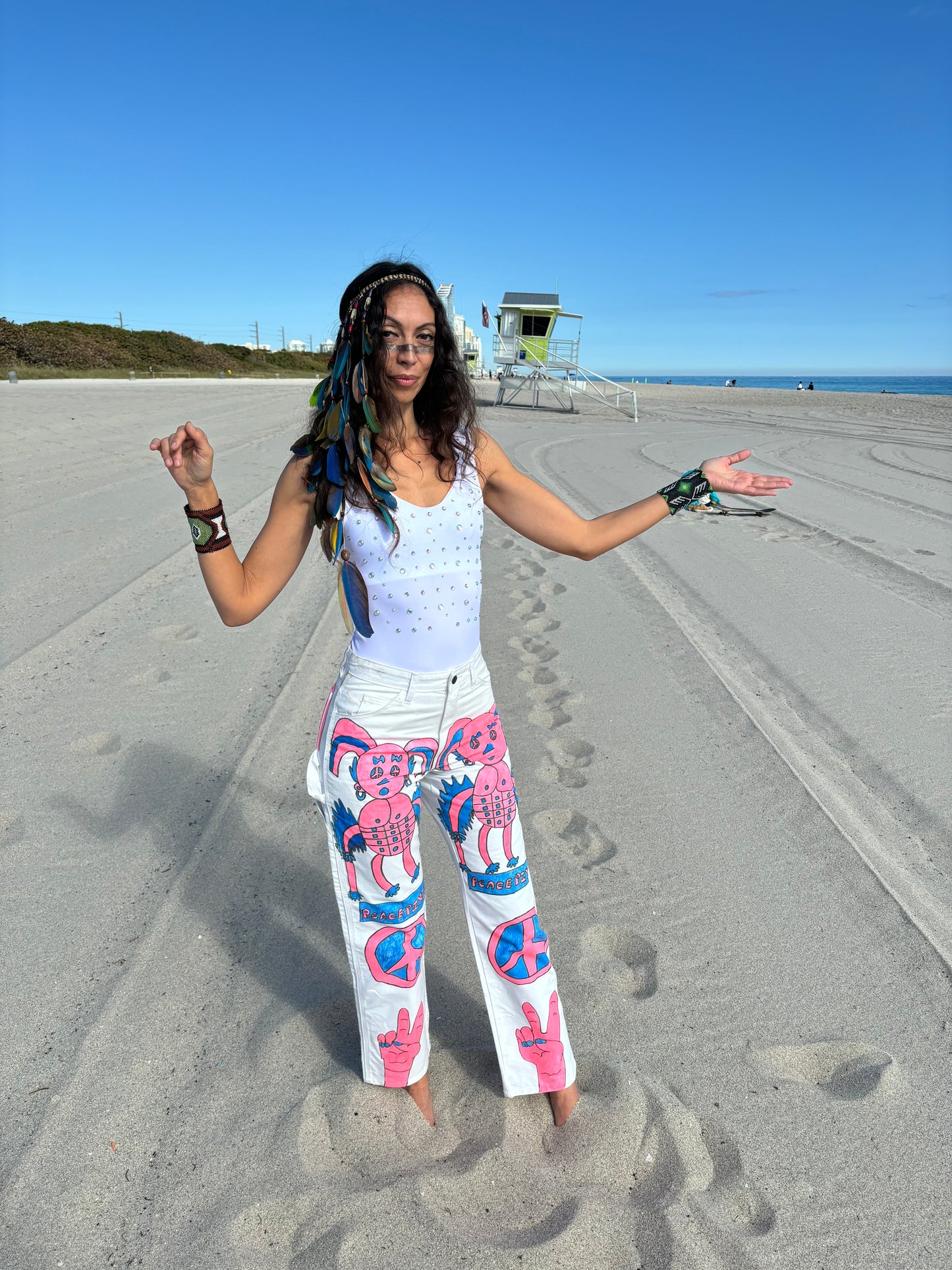 Afro64 custom 1/1 PEACE PIXIE carpenter pants with pink and blue designs