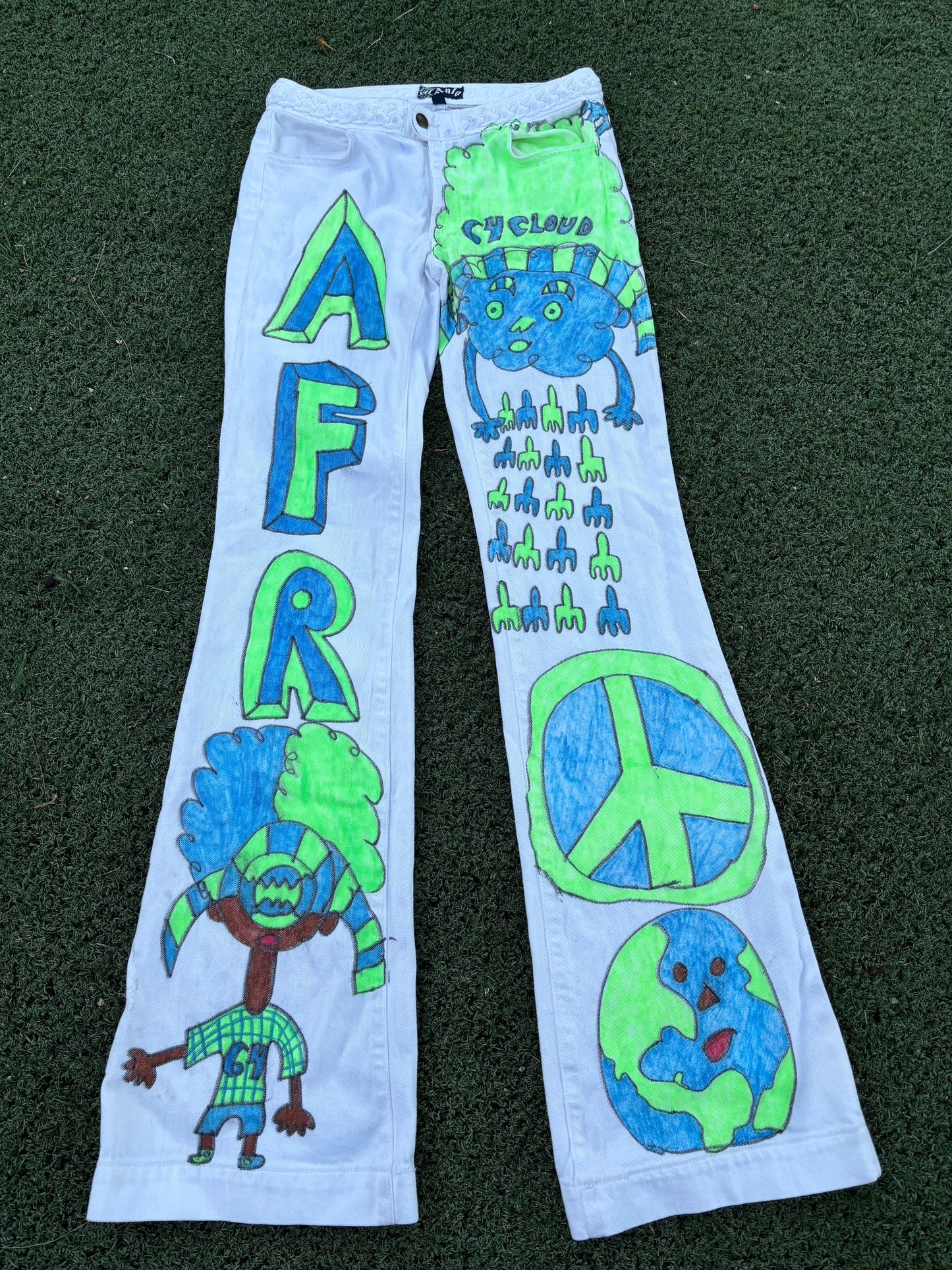 Afro 64 Custom 1/1 white flair Jeans Earth Colors(green,blue,brown) designs
