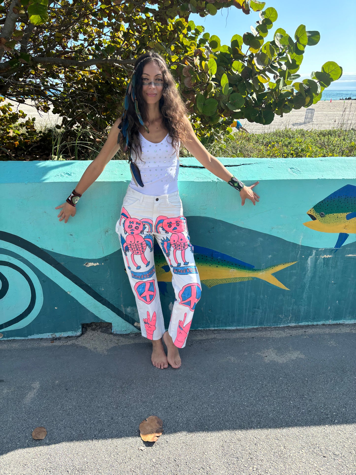 Afro64 custom 1/1 PEACE PIXIE carpenter pants with pink and blue designs
