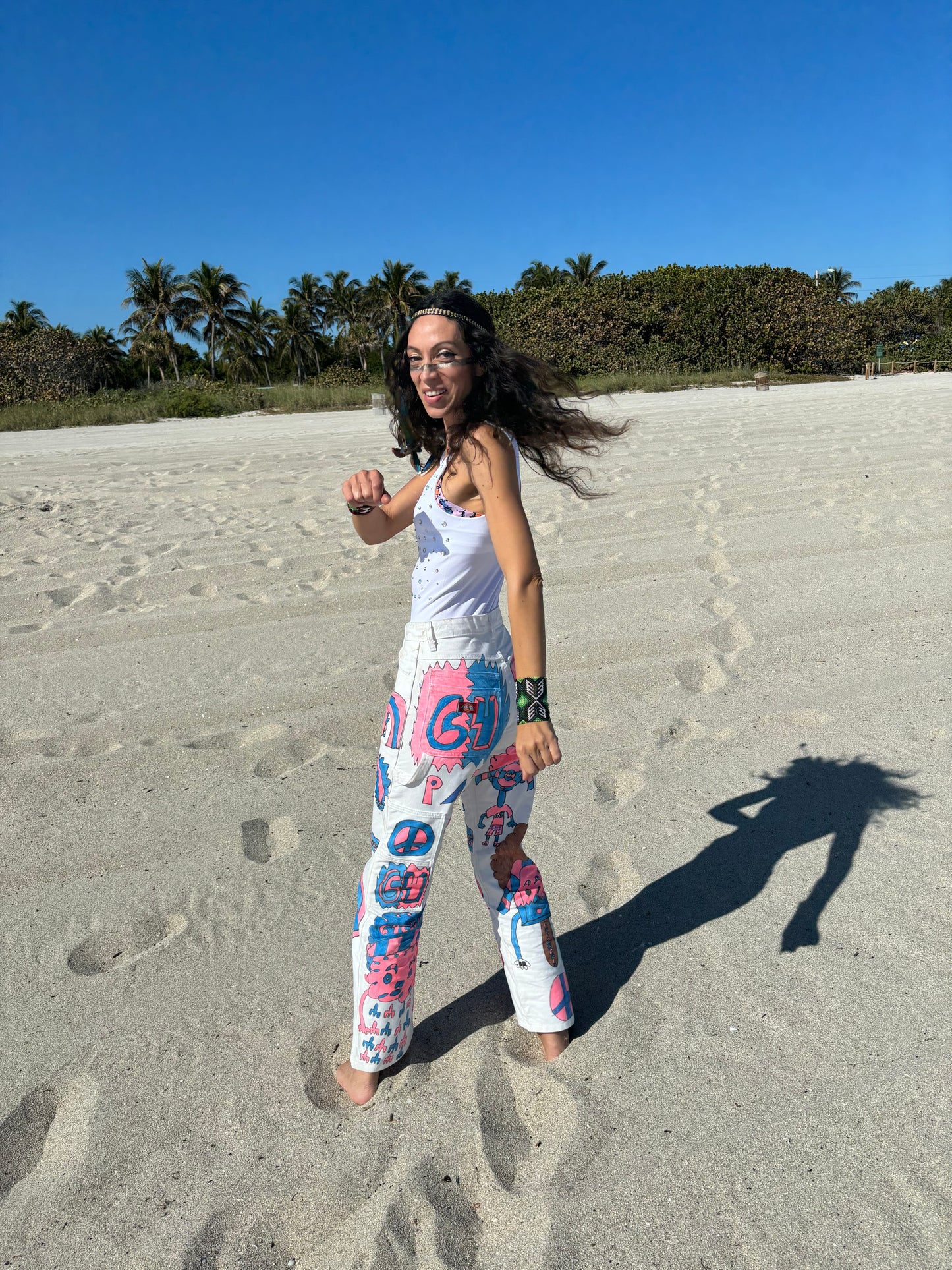 Afro64 custom 1/1 PEACE PIXIE carpenter pants with pink and blue designs