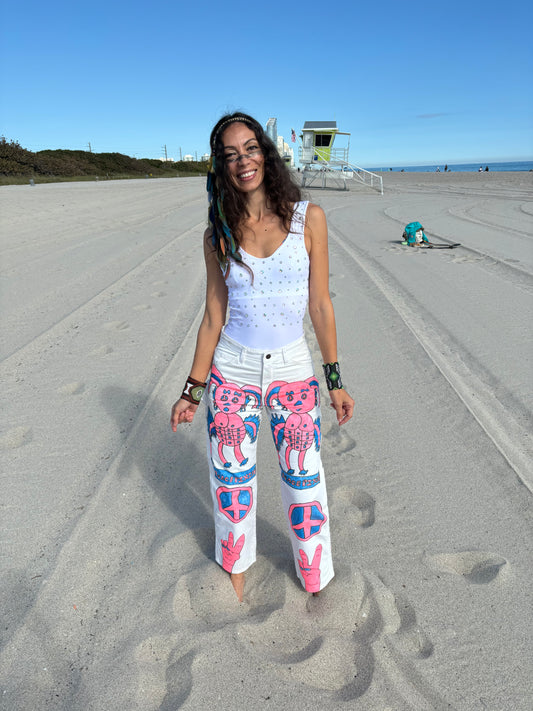 Afro64 custom 1/1 PEACE PIXIE carpenter pants with pink and blue designs