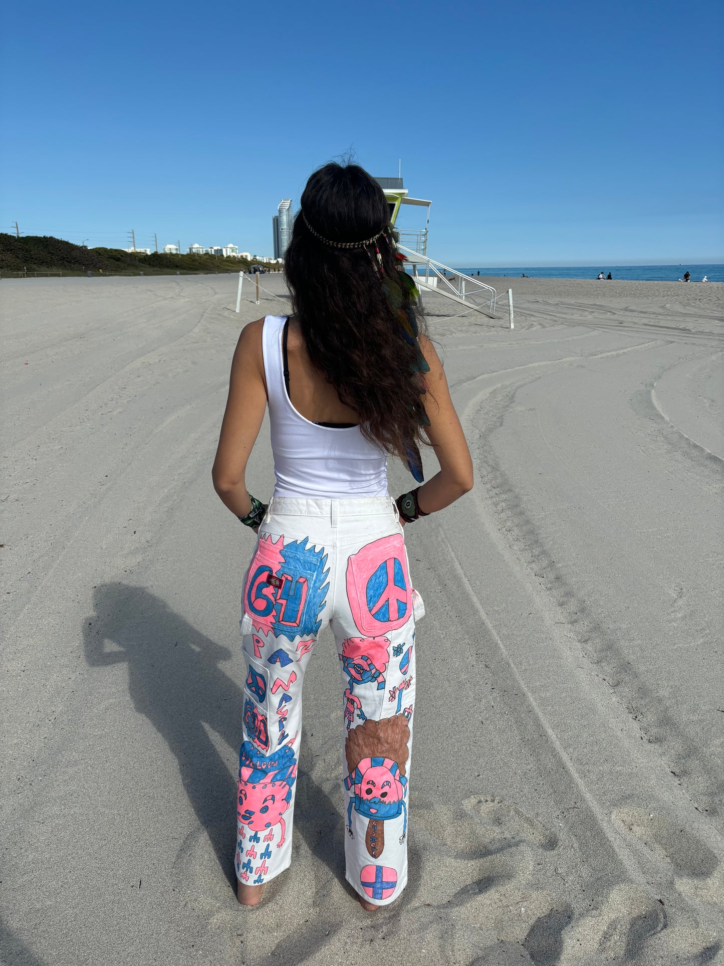 Afro64 custom 1/1 PEACE PIXIE carpenter pants with pink and blue designs