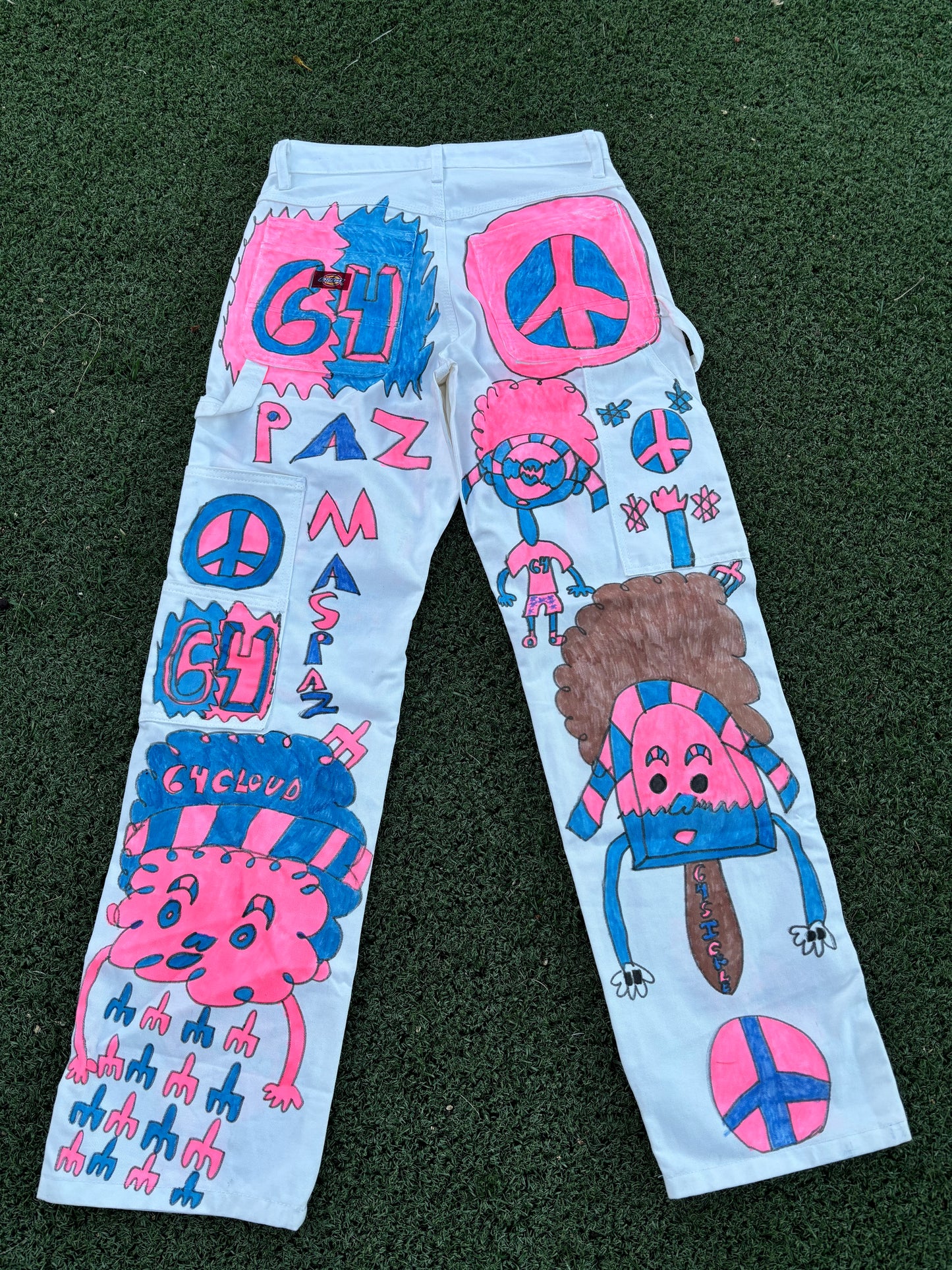 Afro64 custom 1/1 PEACE PIXIE carpenter pants with pink and blue designs
