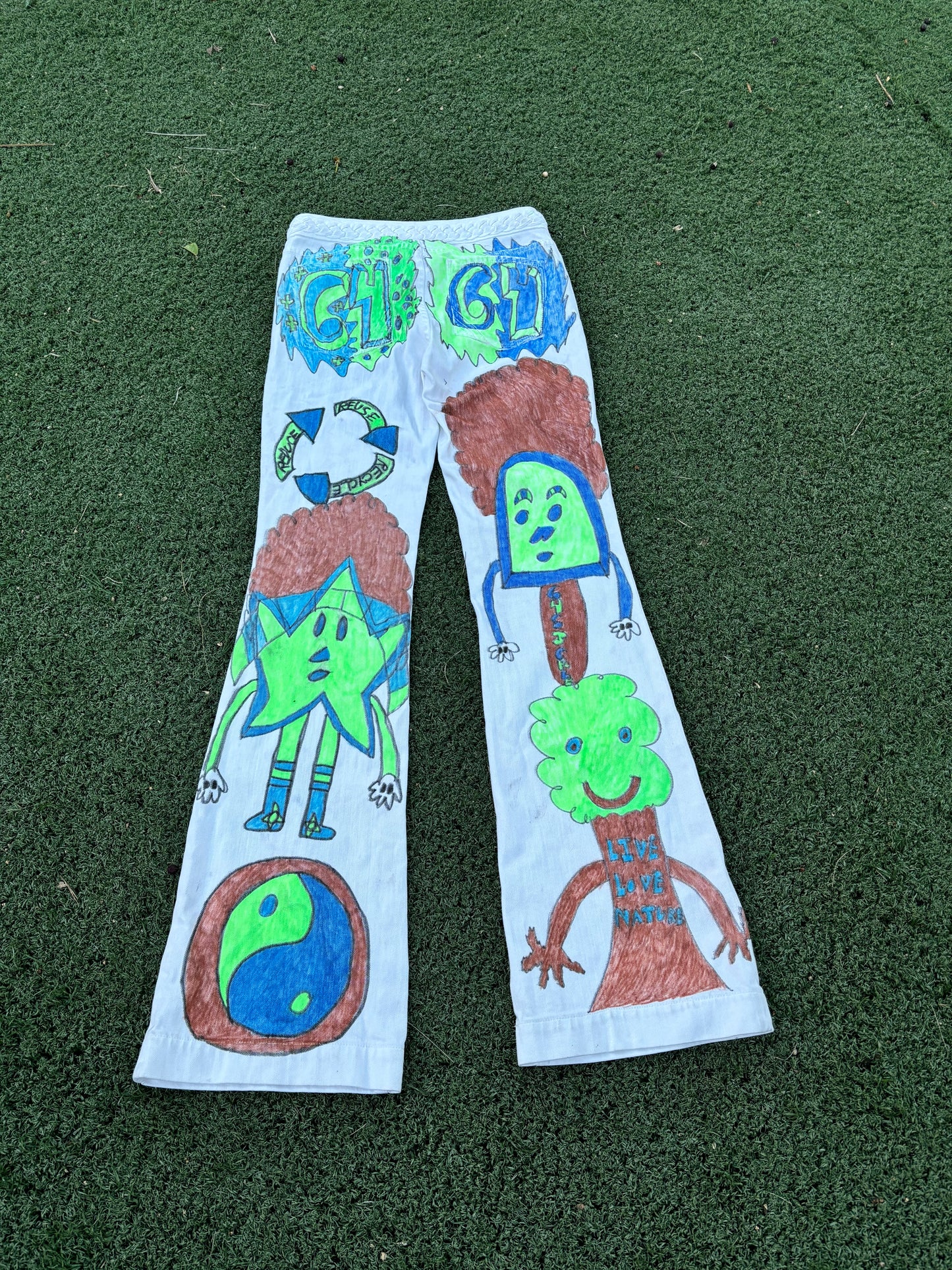 Afro 64 Custom 1/1 white flair Jeans Earth Colors(green,blue,brown) designs
