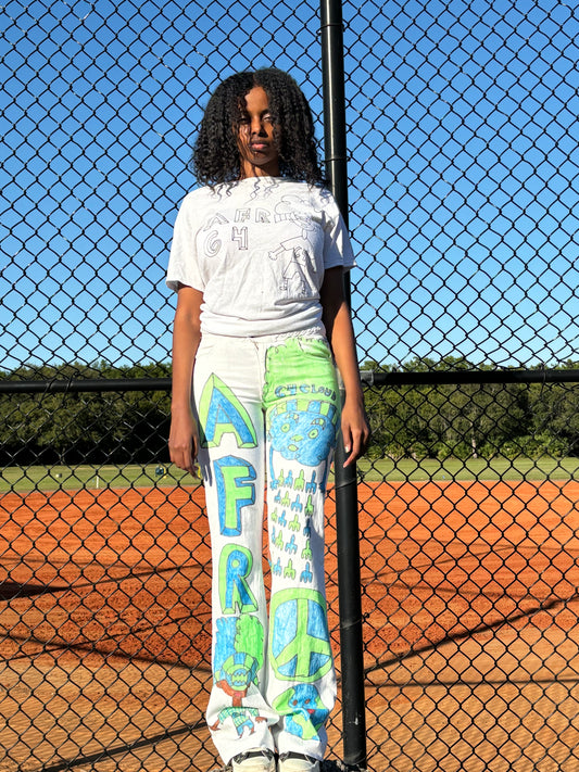 Afro 64 Custom 1/1 white flair Jeans Earth Colors(green,blue,brown) designs