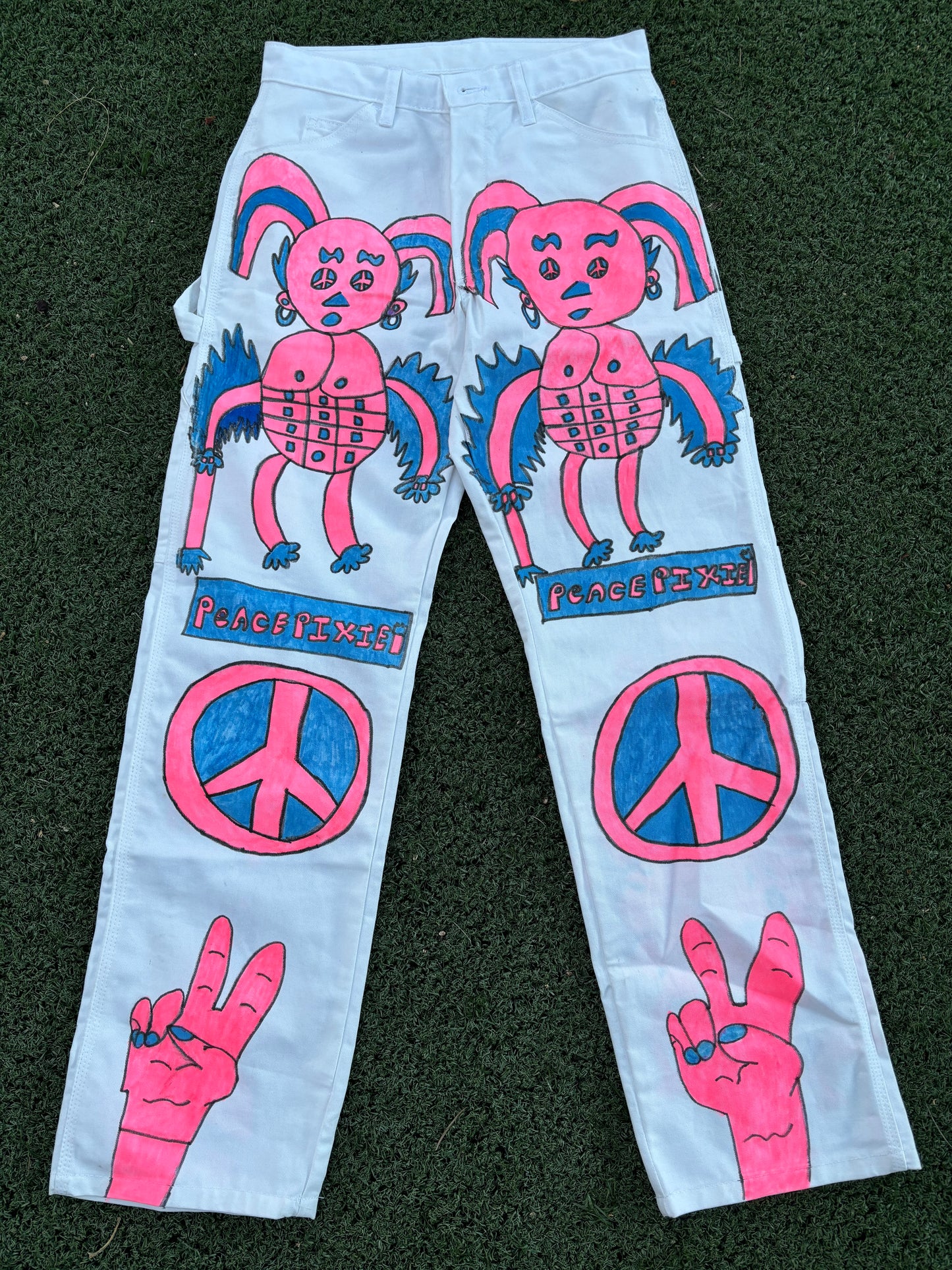 Afro64 custom 1/1 PEACE PIXIE carpenter pants with pink and blue designs
