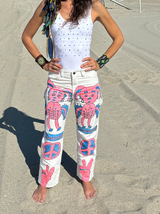 Afro64 custom 1/1 PEACE PIXIE carpenter pants with pink and blue designs