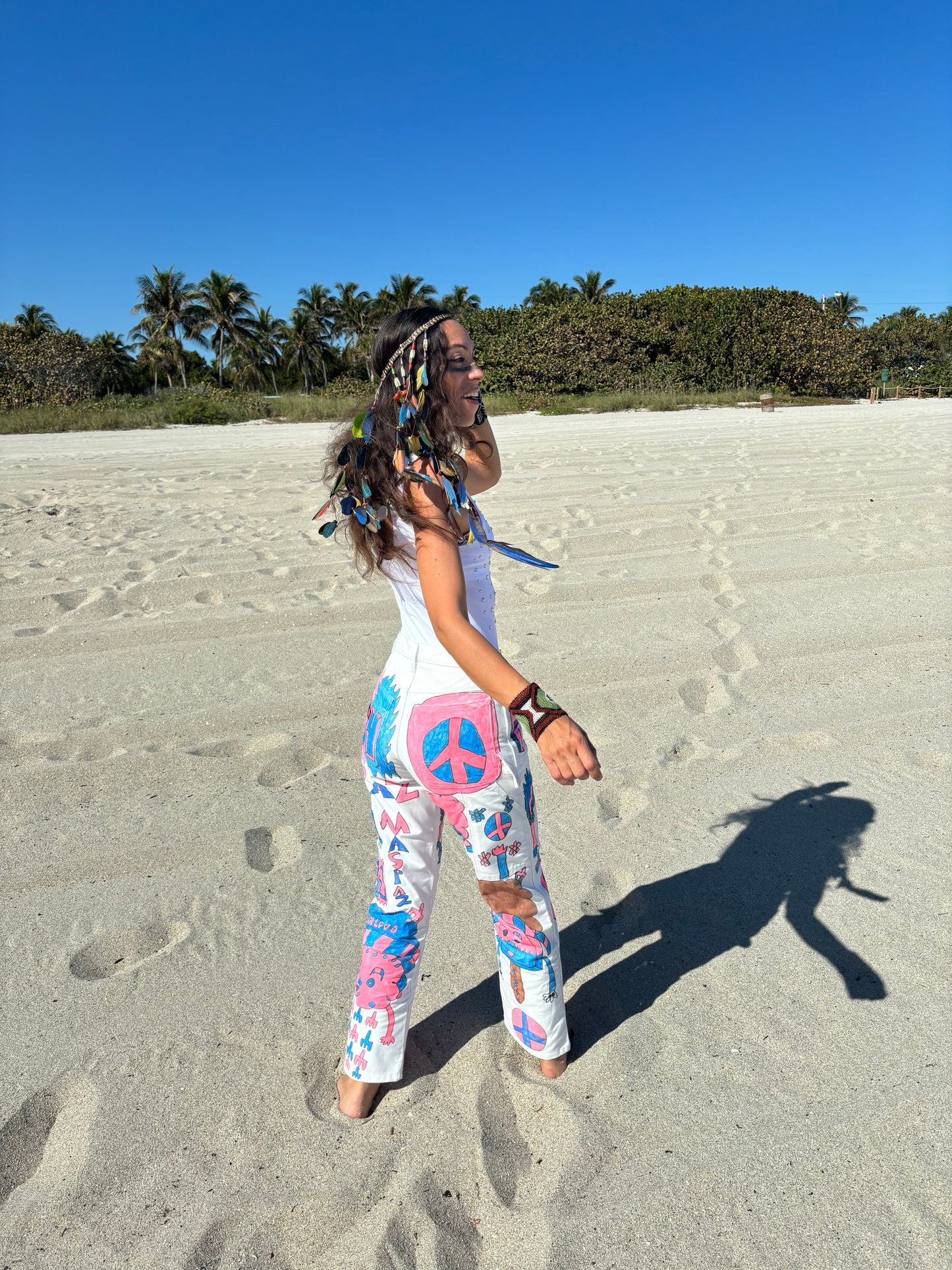 Afro64 custom 1/1 PEACE PIXIE carpenter pants with pink and blue designs